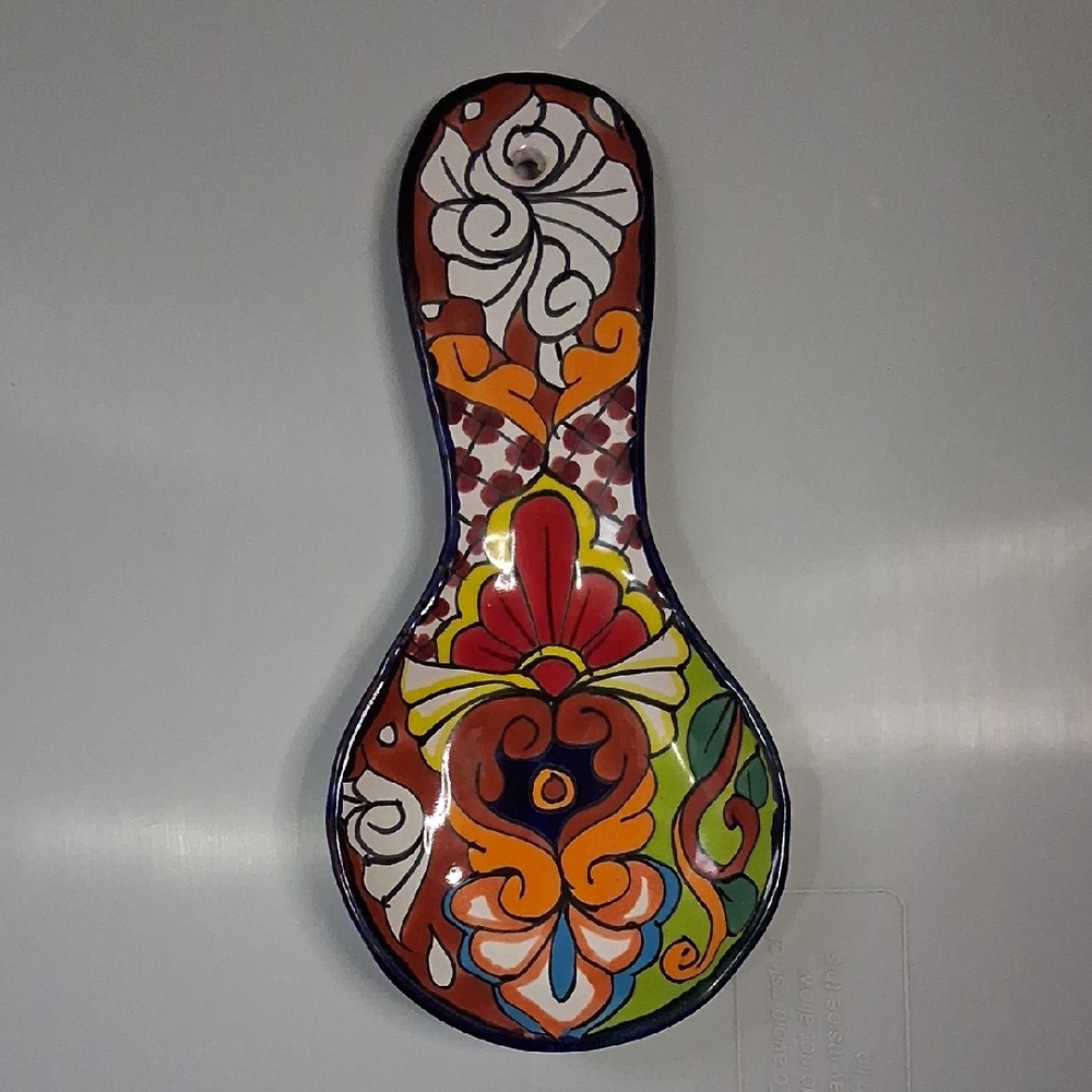 Signed Vibrant Ceramic Spoon Rest with Floral Design